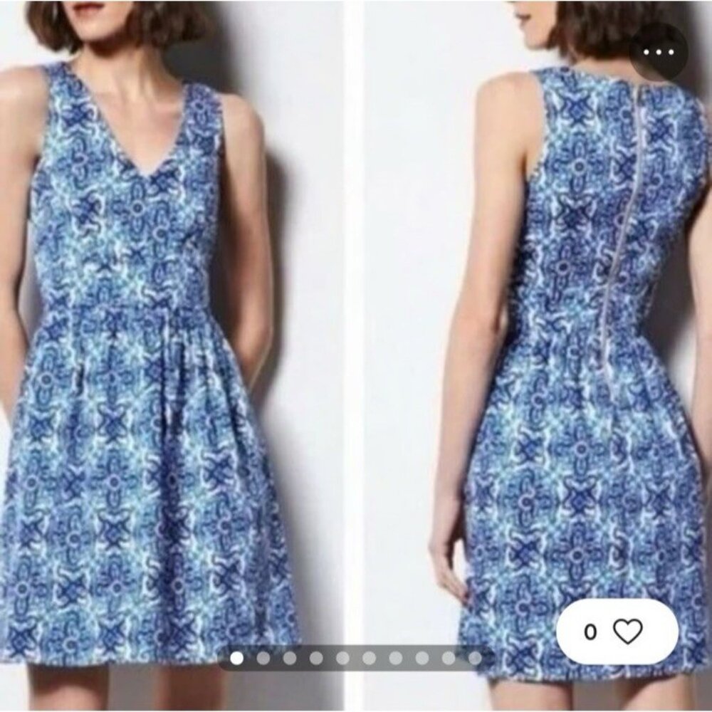 Milly New York Dress 10 Blue Ivory A Line Sleeveless Washable Cotton Summer